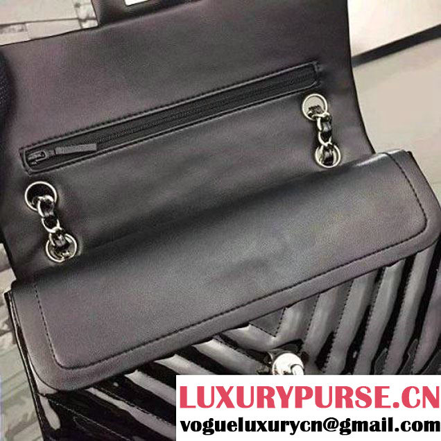 Chanel Patent Black Lambskin Medium Chevron Quilting Classic Flap Bag SS 2015 (2a058-042203 )