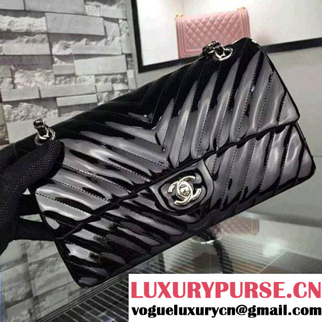Chanel Patent Black Lambskin Medium Chevron Quilting Classic Flap Bag SS 2015 (2a058-042203 )