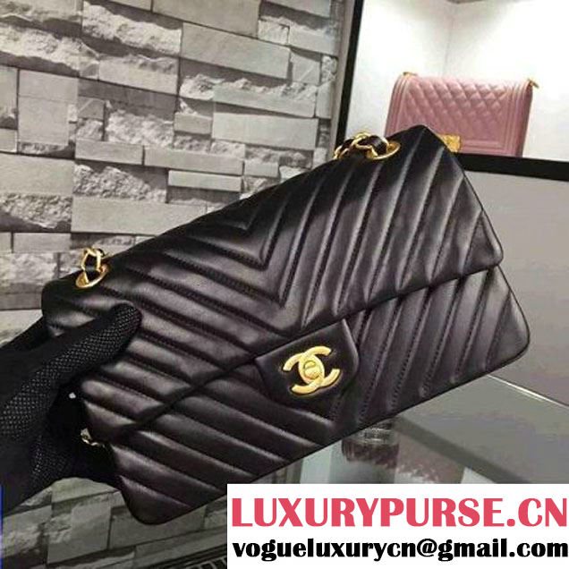 Chanel Black Lambskin Medium Chevron Quilting Classic Flap Bag SS 2015 (2a058-042204 )