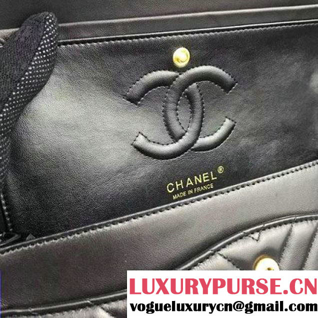 Chanel Black Lambskin Medium Chevron Quilting Classic Flap Bag SS 2015 (2a058-042204 )