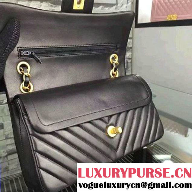 Chanel Black Lambskin Medium Chevron Quilting Classic Flap Bag SS 2015 (2a058-042204 )
