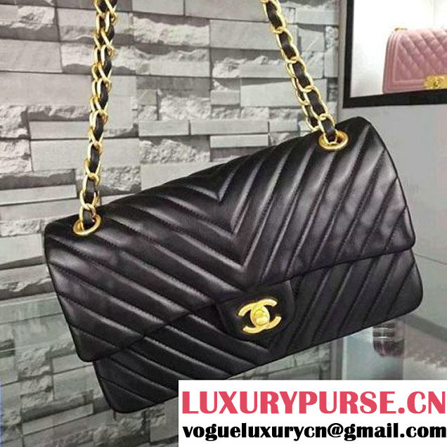 Chanel Black Lambskin Medium Chevron Quilting Classic Flap Bag SS 2015 (2a058-042204 )