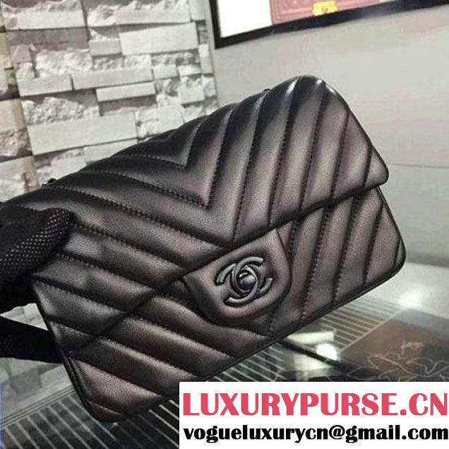 Chanel All Black Lambskin Small Chevron Quilting Classic Flap Bag SS 2015 (2a058-042205 )