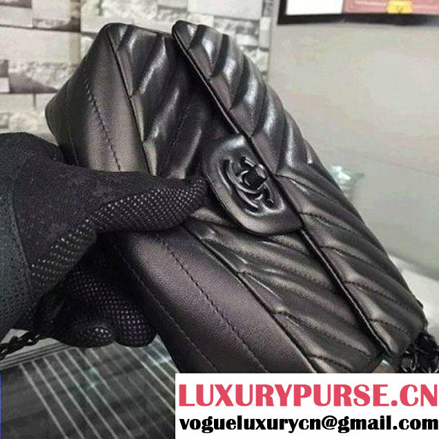 Chanel All Black Lambskin Small Chevron Quilting Classic Flap Bag SS 2015 (2a058-042205 )