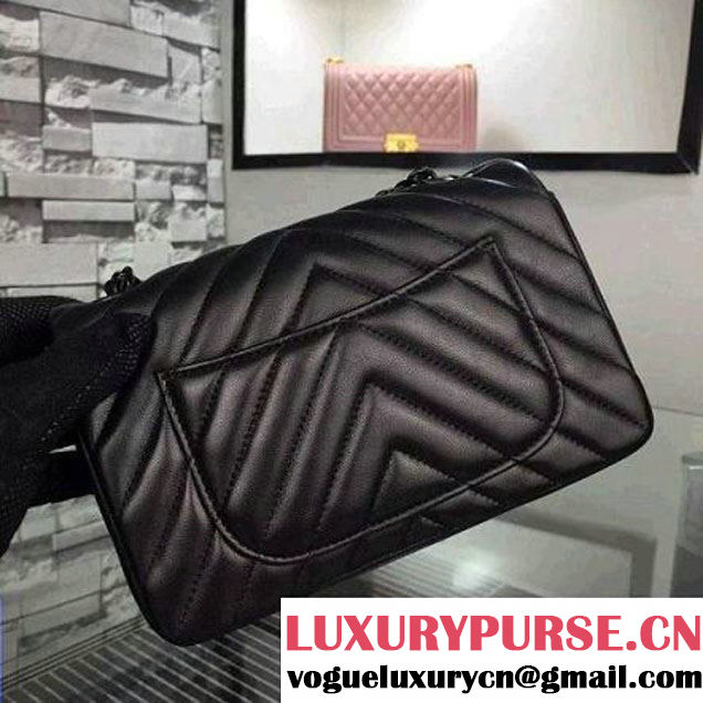 Chanel All Black Lambskin Small Chevron Quilting Classic Flap Bag SS 2015 (2a058-042205 )