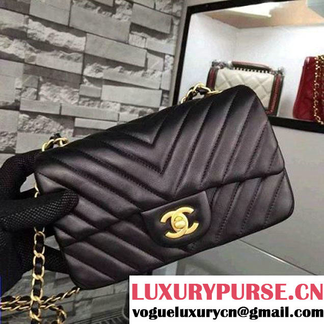 Chanel Black Lambskin Small Chevron Quilting Classic Flap Bag SS 2015 (2a058-042206 )