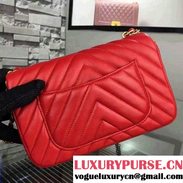 Chanel Red Lambskin Small Chevron Quilting Classic Flap Bag SS 2015 (2a058-042207 )