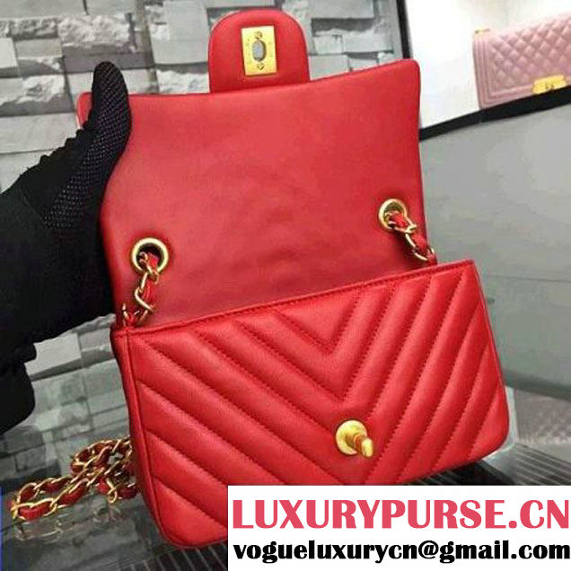 Chanel Red Lambskin Small Chevron Quilting Classic Flap Bag SS 2015 (2a058-042207 )