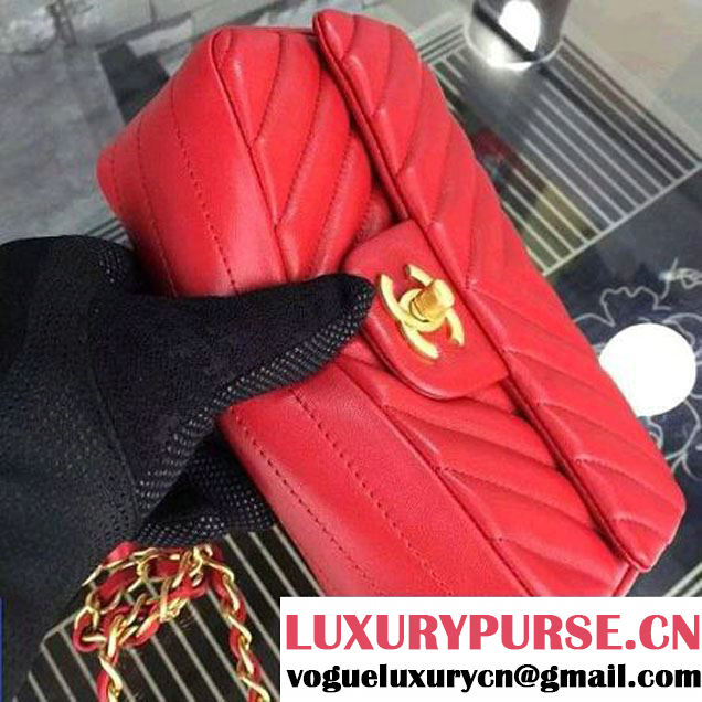 Chanel Red Lambskin Small Chevron Quilting Classic Flap Bag SS 2015 (2a058-042207 )
