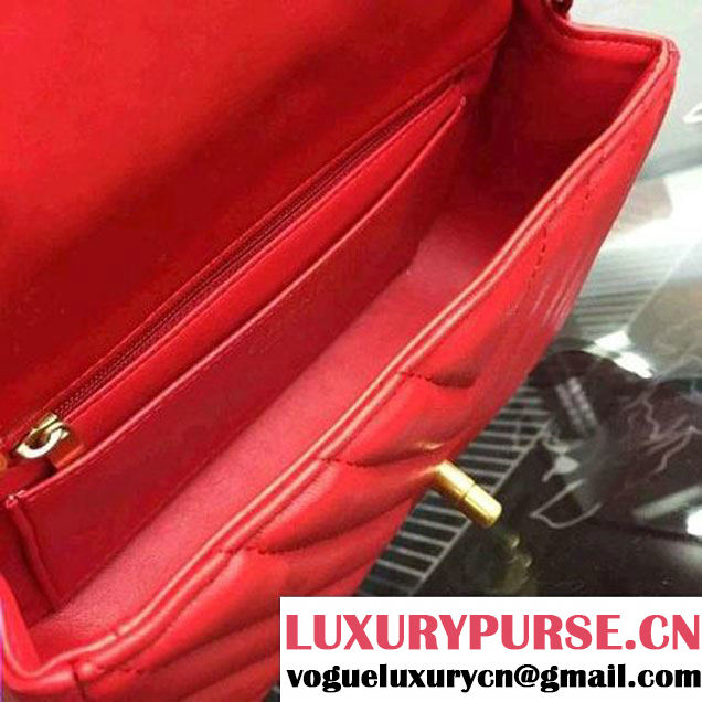 Chanel Red Lambskin Small Chevron Quilting Classic Flap Bag SS 2015 (2a058-042207 )
