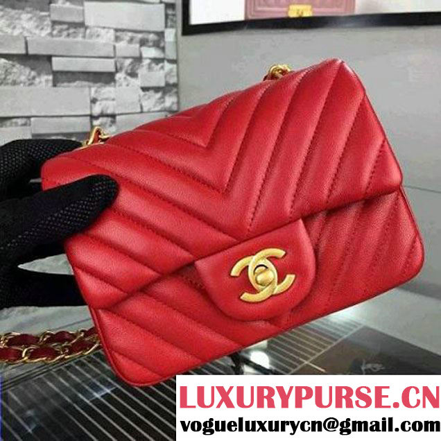 Chanel Red Lambskin Mini Chevron Quilting Classic Flap Bag SS 2015 (2a058-042208 )