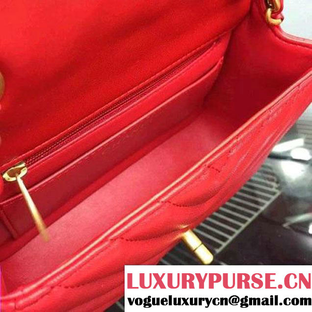 Chanel Red Lambskin Mini Chevron Quilting Classic Flap Bag SS 2015 (2a058-042208 )