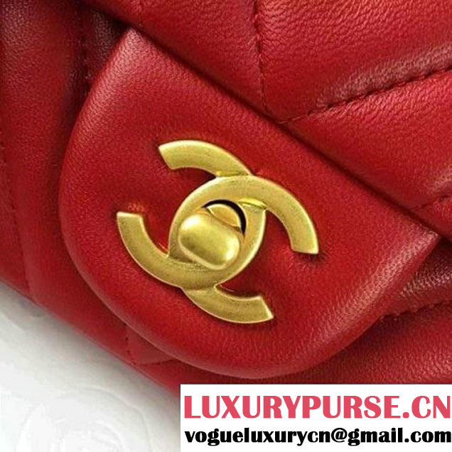 Chanel Red Lambskin Mini Chevron Quilting Classic Flap Bag SS 2015 (2a058-042208 )