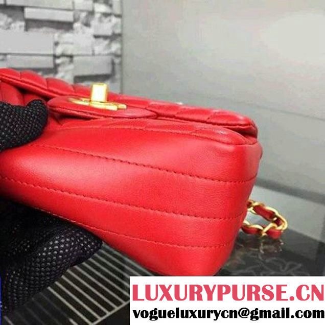 Chanel Red Lambskin Mini Chevron Quilting Classic Flap Bag SS 2015 (2a058-042208 )