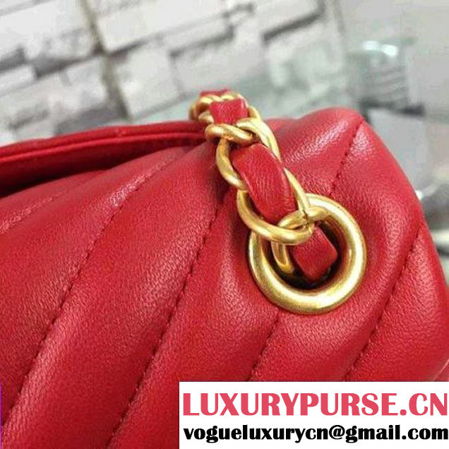 Chanel Red Lambskin Mini Chevron Quilting Classic Flap Bag SS 2015 (2a058-042208 )