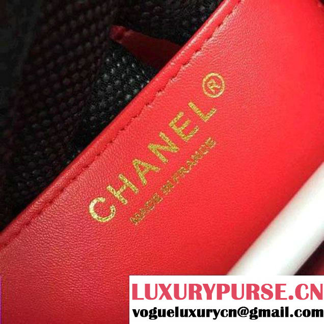 Chanel Red Lambskin Mini Chevron Quilting Classic Flap Bag SS 2015 (2a058-042208 )