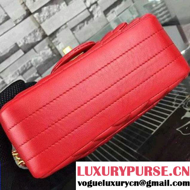 Chanel Red Lambskin Mini Chevron Quilting Classic Flap Bag SS 2015 (2a058-042208 )