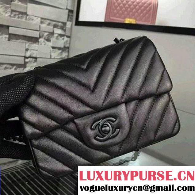 Chanel All Black Lambskin Mini Chevron Quilting Classic Flap Bag SS 2015 (2a058-042209 )