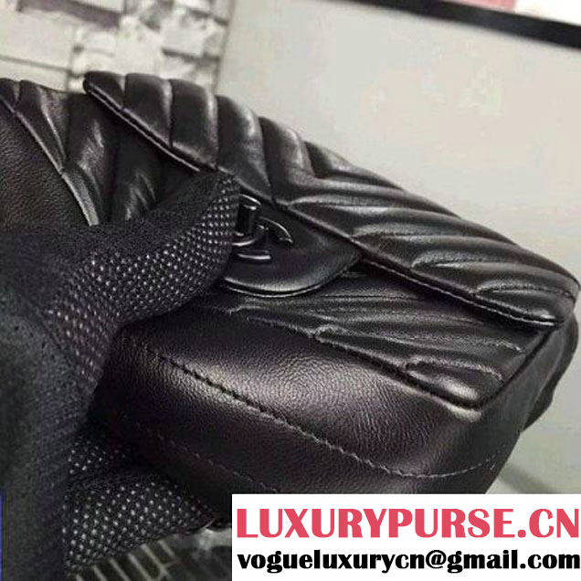 Chanel All Black Lambskin Mini Chevron Quilting Classic Flap Bag SS 2015 (2a058-042209 )