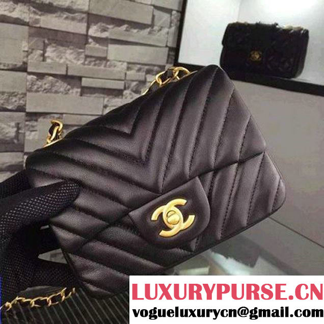 Chanel Black Lambskin Mini Chevron Quilting Classic Flap Bag SS 2015 (2a058-042210 )