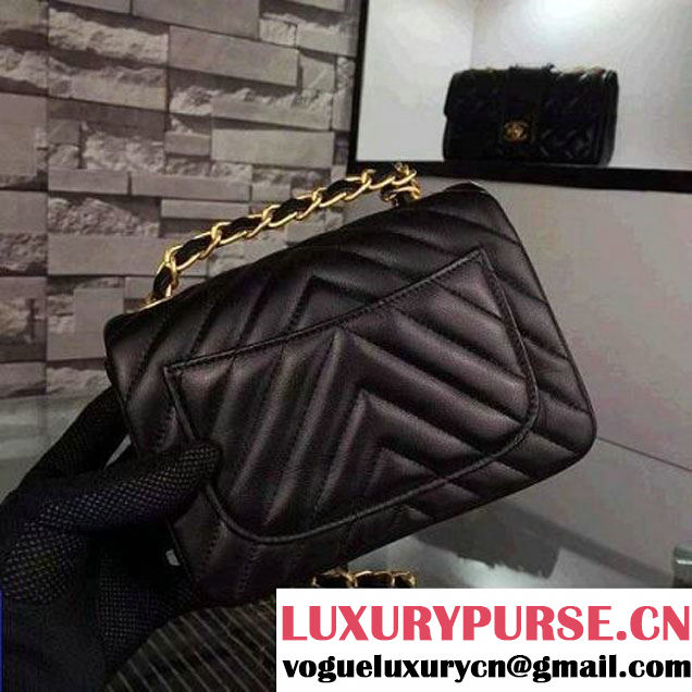 Chanel Black Lambskin Mini Chevron Quilting Classic Flap Bag SS 2015 (2a058-042210 )