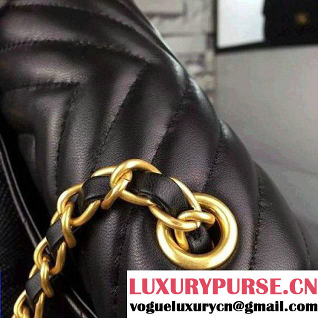 Chanel Black Lambskin Mini Chevron Quilting Classic Flap Bag SS 2015 (2a058-042210 )