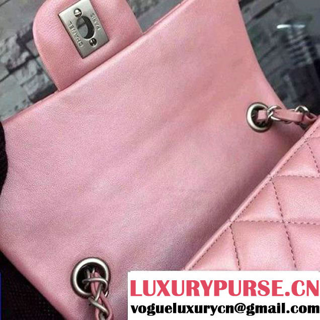 Chanel Small Pink Lambskin Leather Classic Flap Bag with Silver Pearlescent Hardware 2015 (2a136-051553 )