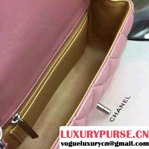 Chanel Small Pink Lambskin Leather Classic Flap Bag with Silver Pearlescent Hardware 2015 (2a136-051553 )