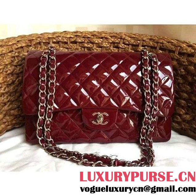 Chanel Dark Red Patent Leather Jumbo double Flap Shoulder Bag(Silver Hardware) (1a086-061178 )