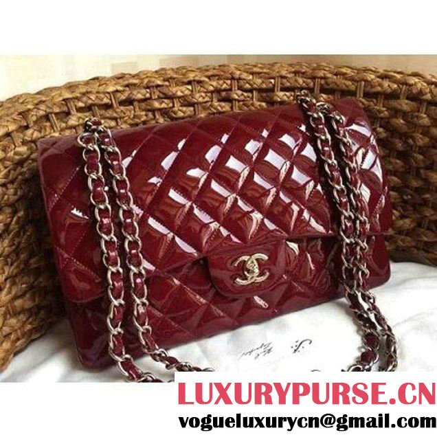 Chanel Dark Red Patent Leather Jumbo double Flap Shoulder Bag(Silver Hardware) (1a086-061178 )