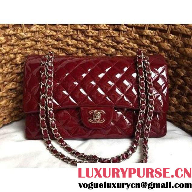 Chanel Dark Red Patent Leather Medium double Flap Shoulder Bag(Silver Hardware) (1a086-061180 )