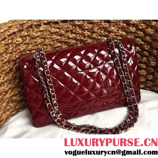 Chanel Dark Red Patent Leather Medium double Flap Shoulder Bag(Silver Hardware) (1a086-061180 )