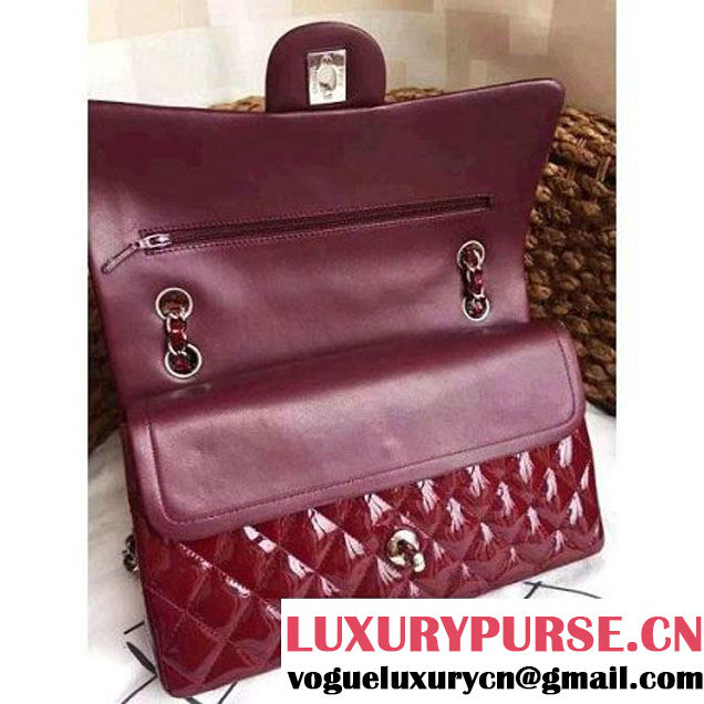 Chanel Dark Red Patent Leather Medium double Flap Shoulder Bag(Silver Hardware) (1a086-061180 )