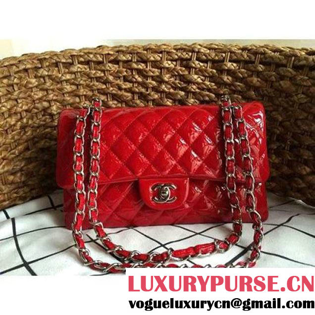 Chanel Red Patent Leather Medium double Flap Shoulder Bag(Silver Hardware) (1a086-061183 )