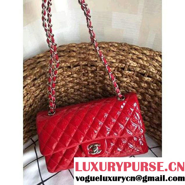 Chanel Red Patent Leather Medium double Flap Shoulder Bag(Silver Hardware) (1a086-061183 )