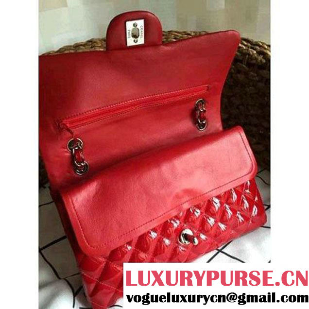 Chanel Red Patent Leather Medium double Flap Shoulder Bag(Silver Hardware) (1a086-061183 )