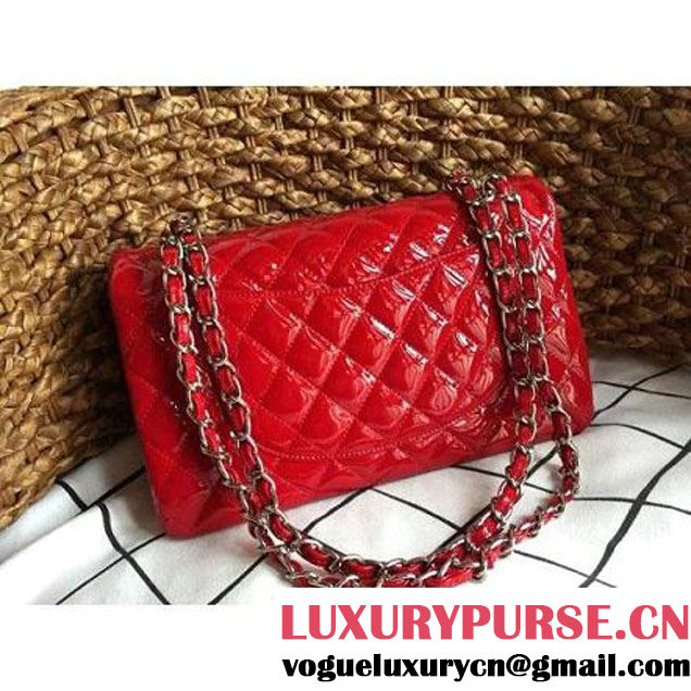 Chanel Red Patent Leather Medium double Flap Shoulder Bag(Silver Hardware) (1a086-061183 )