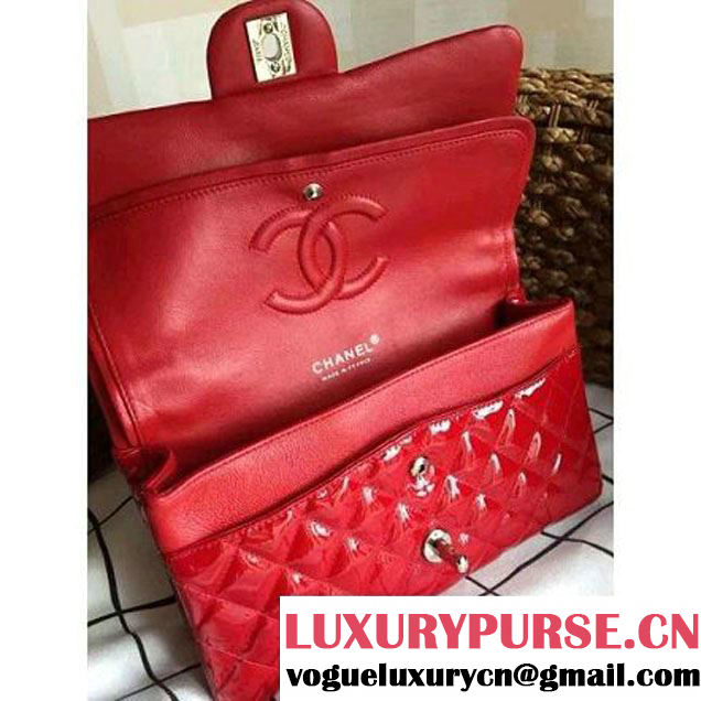 Chanel Red Patent Leather Medium double Flap Shoulder Bag(Silver Hardware) (1a086-061183 )