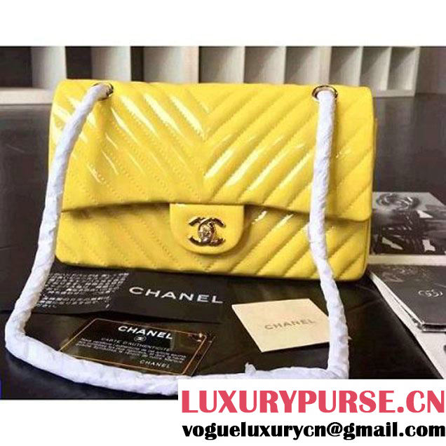 Chanel Medium Patent Leather Chevron Classic Flap Bag Yellow (2A136-062605 )