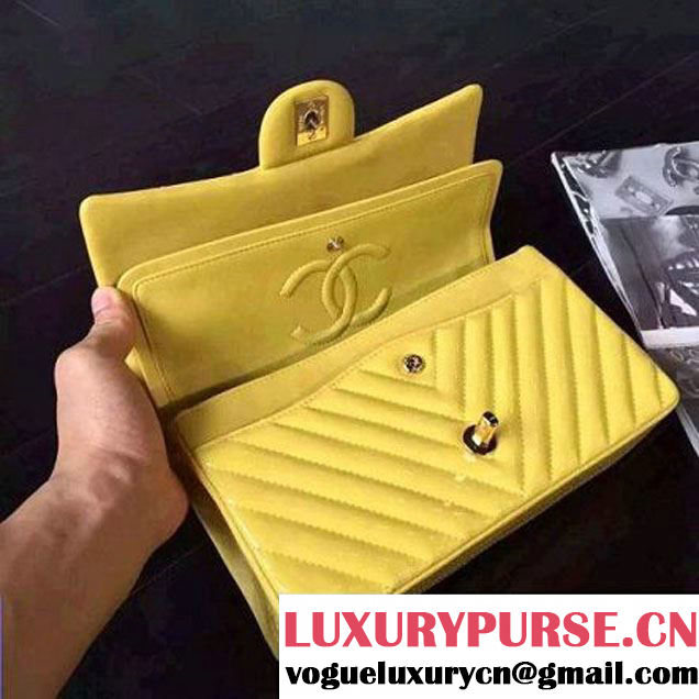 Chanel Medium Patent Leather Chevron Classic Flap Bag Yellow (2A136-062605 )
