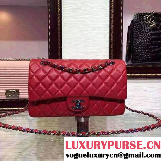 Chanel Red Lambskin Medium Classic Double Flap Bag with Colorful Hardware 2015 (2a136-071308 )