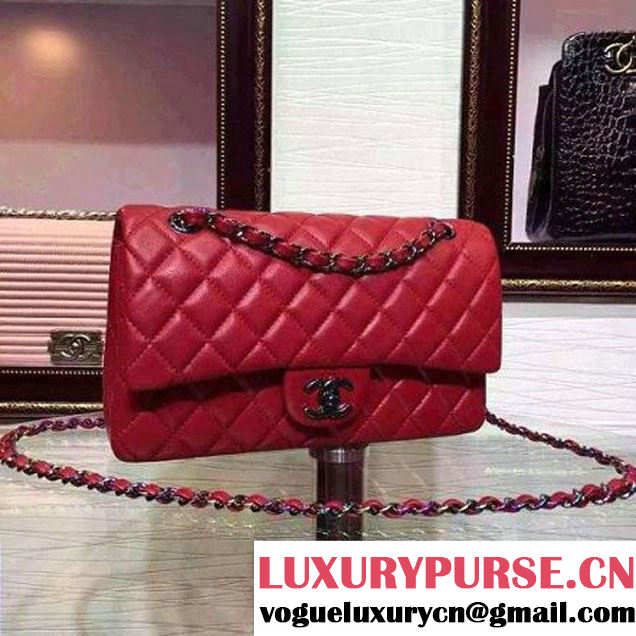 Chanel Red Lambskin Medium Classic Double Flap Bag with Colorful Hardware 2015 (2a136-071308 )