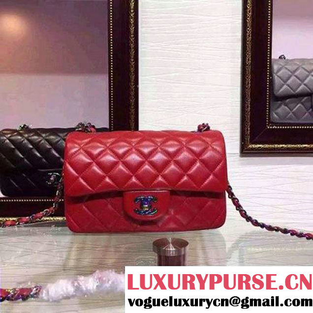 Chanel Red Lambskin Small Classic Flap Bag with Colorful Hardware 2015 (2a136-071312 )