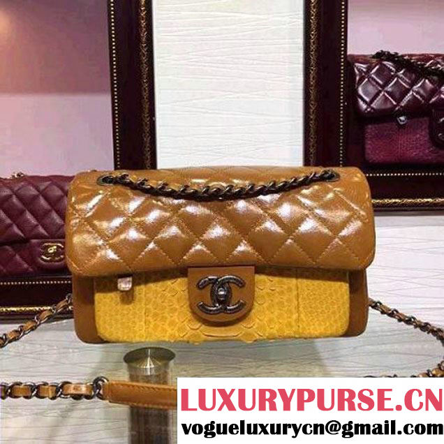 Chanel Cow Leather and Python Flap Shoulder Bag Yellow 2015 (2a136-082936 )