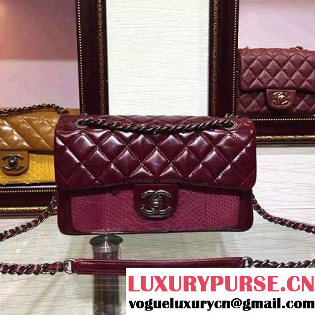 Chanel Cow Leather and Python Flap Shoulder Bag Burgundy 2015 (2a136-082937 )