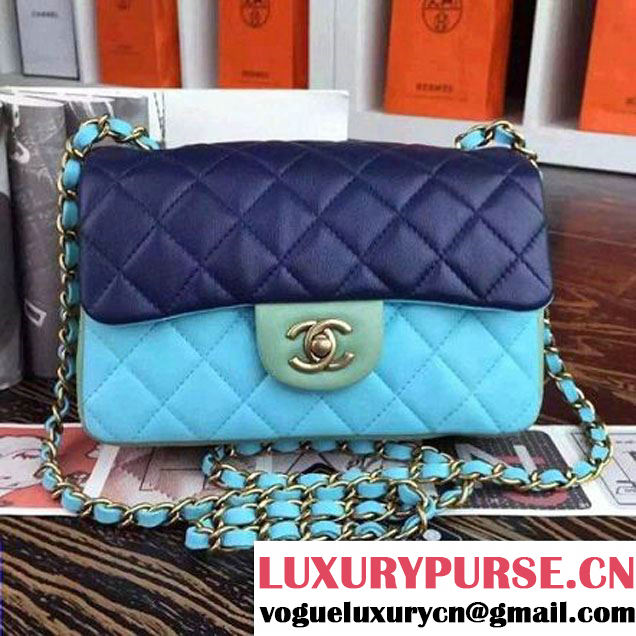 Chanel Multicolor Ciel/Navy/Green Lambskin Small Calssic Flap Bag 2015 (2A136-090316 )