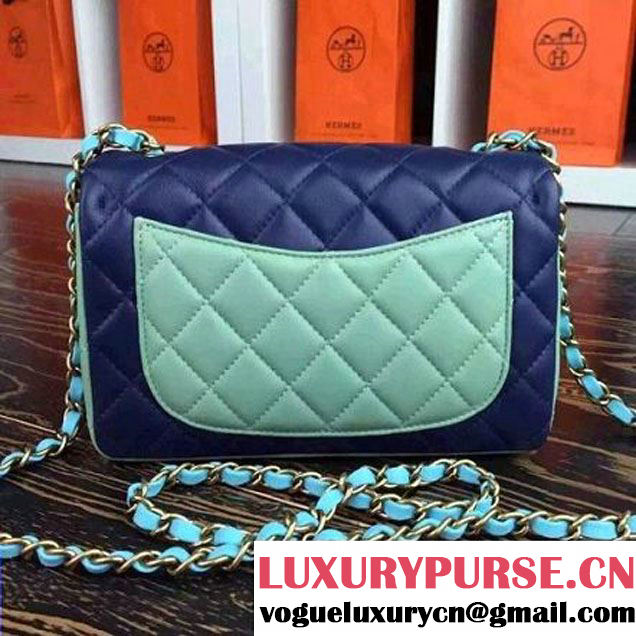 Chanel Multicolor Ciel/Navy/Green Lambskin Small Calssic Flap Bag 2015 (2A136-090316 )