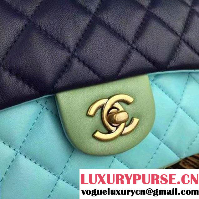 Chanel Multicolor Ciel/Navy/Green Lambskin Small Calssic Flap Bag 2015 (2A136-090316 )