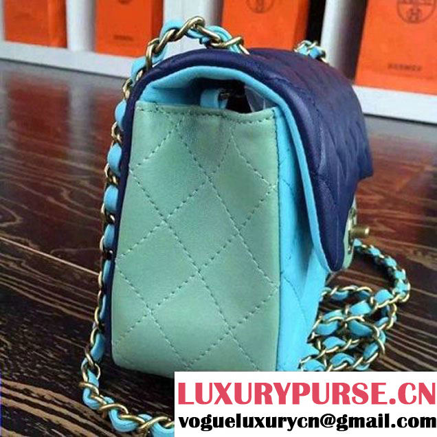 Chanel Multicolor Ciel/Navy/Green Lambskin Small Calssic Flap Bag 2015 (2A136-090316 )
