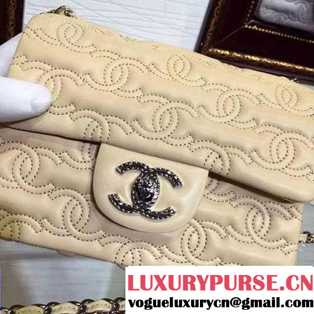Chanel Lambskin Mini Classic Flap Bag Embellished with Full CC Embroidery Apricot 2015 (2a136-090326 )